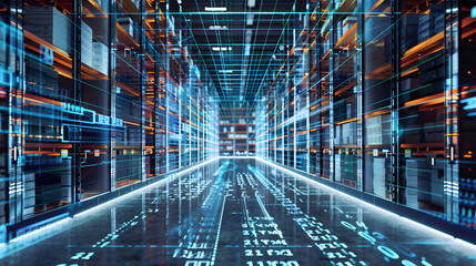 Futuristic Technology Retail Warehouse, a digital warehouse with electronic grids connected to a barcode scanner banner background