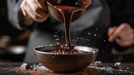 The chef scoops hot chocolate into a bowl On a black background Preparation of chocolate : Generative AI