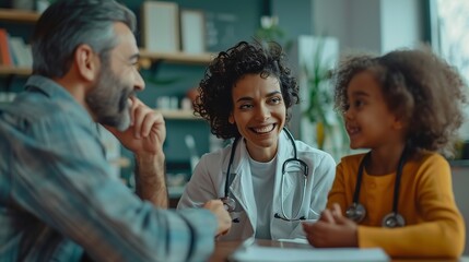 Mother and child visit family doctor at modern clinic Happy smiling mom and daughter sitting at table together with man pediatrician and talking about medical checkup results Healthcar : Generative AI