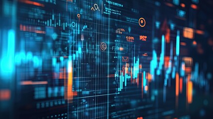 Obraz premium A background with business icons and financial data overlays.