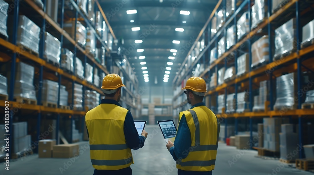 Poster Industry 40 Modern Factory Two Engineers in Empty Warehouse Use Digital Tablet Computer with Augmented Reality Software For a Room Mapping Doing 3D Factory Floor Layout High Angle Shot : Generative AI
