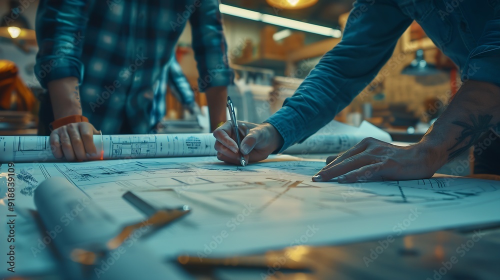 Aufkleber Brainstorming group of architects and engineers discuss building blueprint design paperwork and drawing construction project planning on wooden table in office Construction project bud : Generative AI
