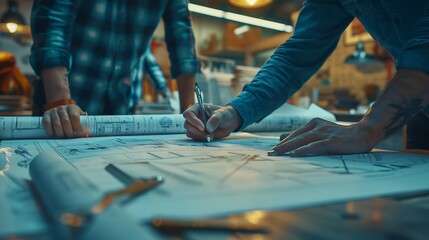 Obraz premium Brainstorming group of architects and engineers discuss building blueprint design paperwork and drawing construction project planning on wooden table in office Construction project bud : Generative AI