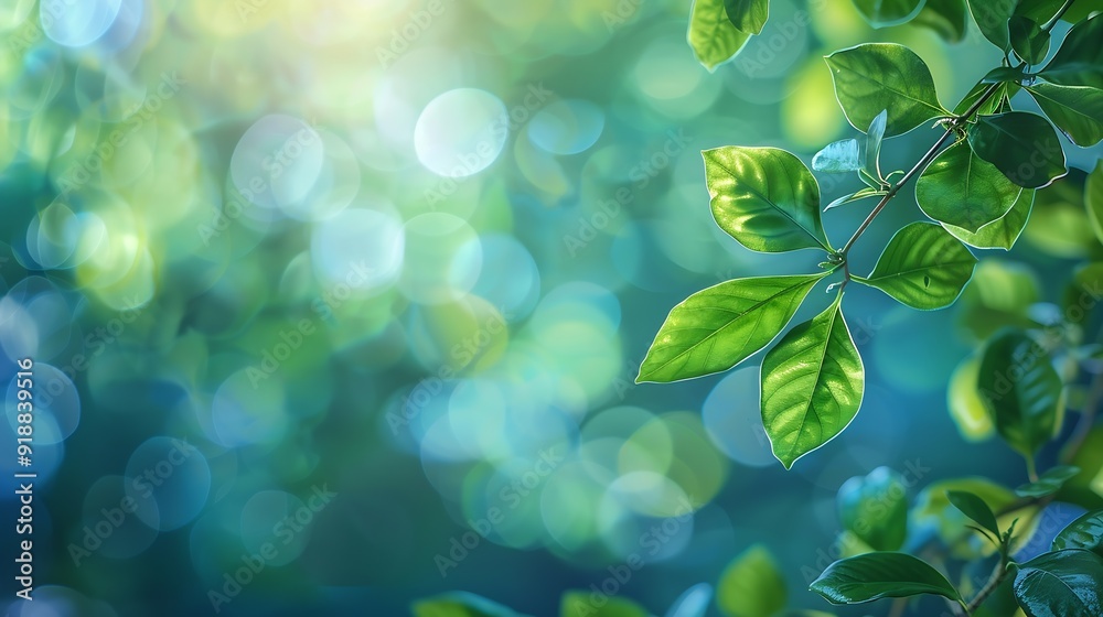 Aufkleber summer background of blue and green blurred foilage and sky with bright bokeh blurry abstract summer