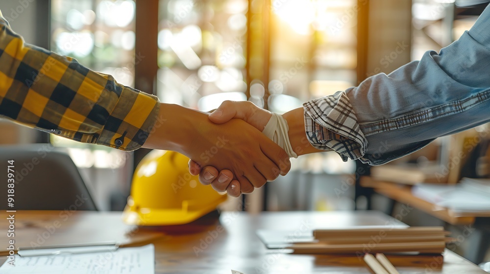 Poster construction team shake hands greeting start new project plan behind yellow helmet on desk in office