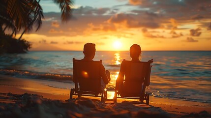 beach travel couple relaxing on tropical beach at sunset in hotel vacation and tourism : Generative AI