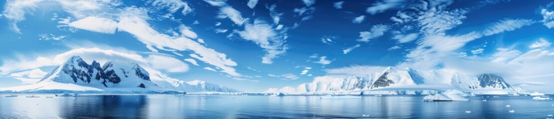 Snowy Mountain Range and Blue Sky over Water