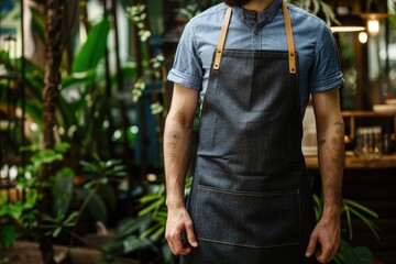 A person with a long beard and denim apron, suitable for DIY or work-related images