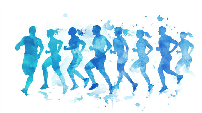 Blue watercolor painting of a group people exercise workout together