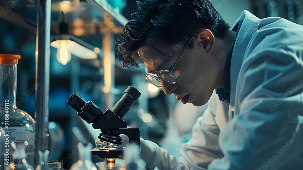 Poster scientist analyze biochemical samples in advanced scientific laboratory medical professional use mic