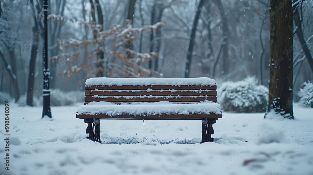 Poster bench covered with snow in frozen forest empty bench in snowy park winter weather wooden bench in pa