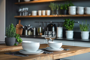 Obraz premium Modern style kitchen interior.tableware on wooden table.