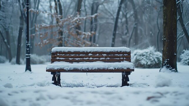 Bench covered with snow in frozen forest Empty bench in snowy park Winter weather Wooden bench in park in snowfall Peaceful winter nature Climate changes February landscape : Generative AI