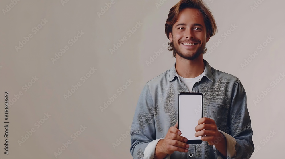 Poster handsome young man holding a smartphone mockup with a blank screen and smiling on a white background