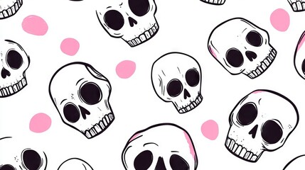 A pattern of skulls and polka dots on a white background