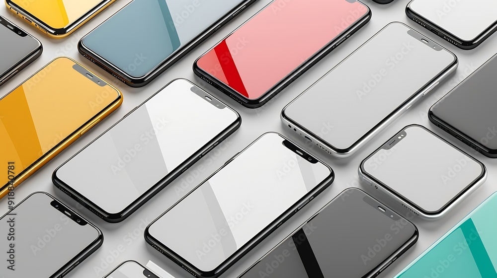 Poster flat rays collection of smartphone mockup blank screen isolated with clipping path on white background : Generative AI
