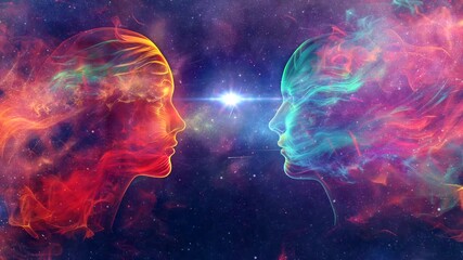 Abstract of two women profiles facing each other with energy waves connecting them on cosmic background.