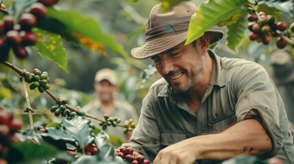 Happy farmers collecting Arabica coffee beans on the coffee tree : Generative AI