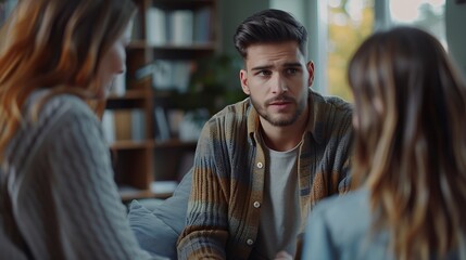 Young couple talking about marriage problems sitting at family therapist office during therapy session Male psychologist listening his patients trying to find solution Mental health co : Generative AI