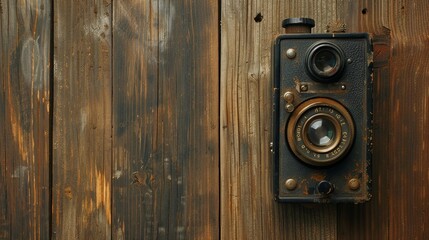 Fototapeta premium Vintage photo camera placed on rustic wooden background, travel photography concept with retro style equipment, perfect for adventure, exploration, and nostalgia themes, ideal for creative travel blog