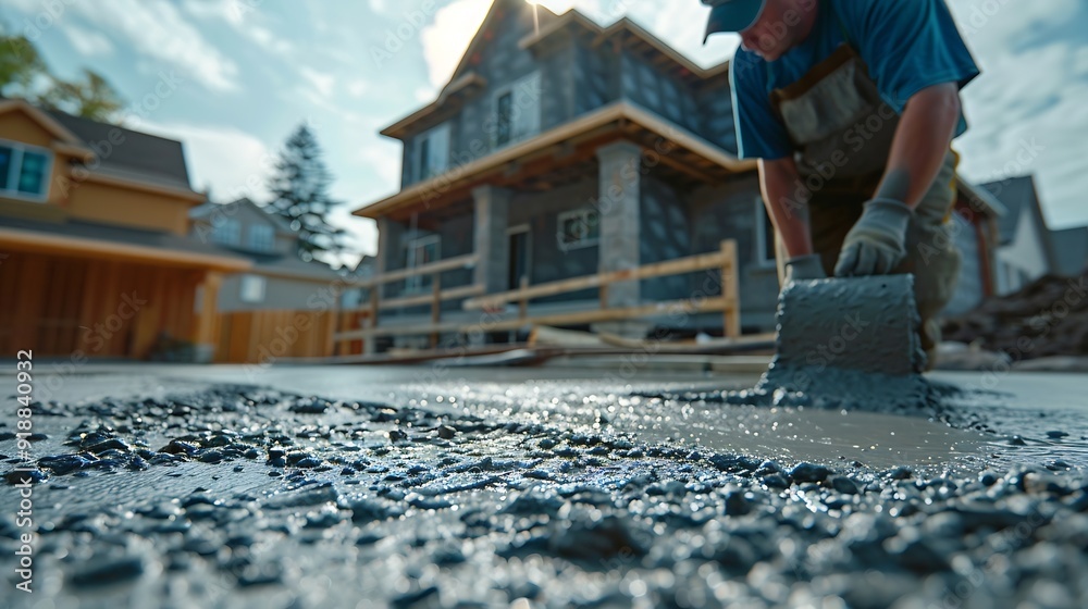 Poster Man working on smoothing concrete driveway for the new home build at construction site Architecture and exterior structure base progress safety foundation pavement ground Real estate i : Generative AI