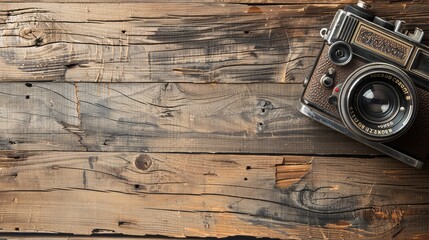 Vintage photo camera placed on rustic wooden background, travel photography concept with retro style equipment, perfect for adventure, exploration, and nostalgia themes, ideal for creative travel blog
