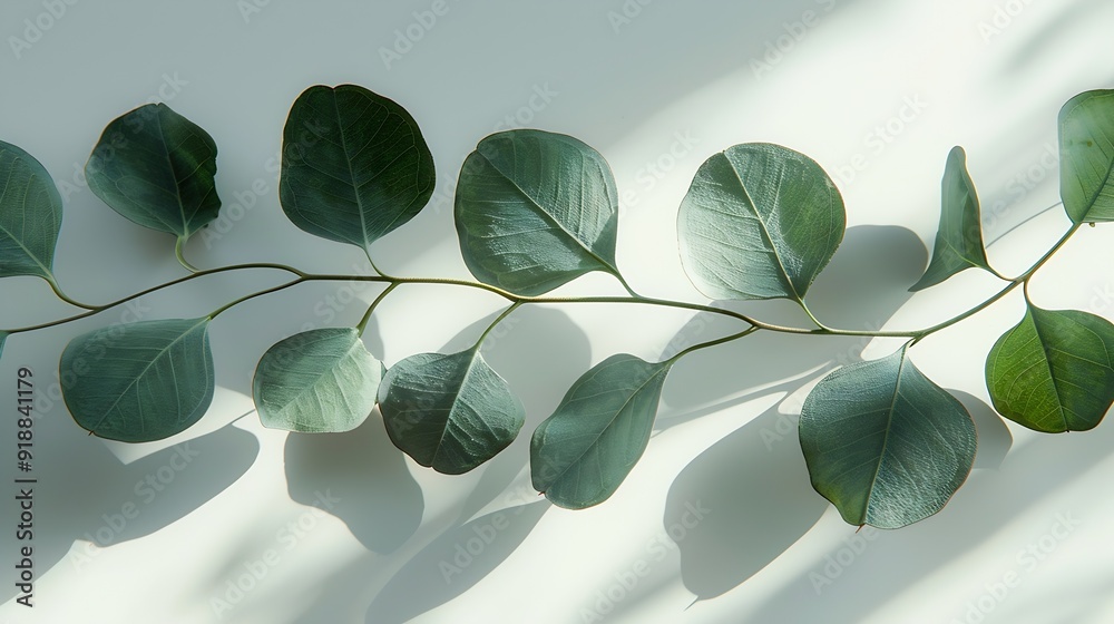Poster Green eucalyptus branch with shadows on empty light grey background Backdrop for natural product presentation Eco beauty cosmetic advertising display mockup Minimal still life scene Fr : Generative AI