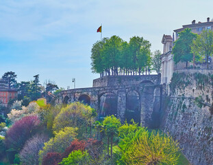 Spring park at viaduct and Venetian Walls, Bergamo, Italy