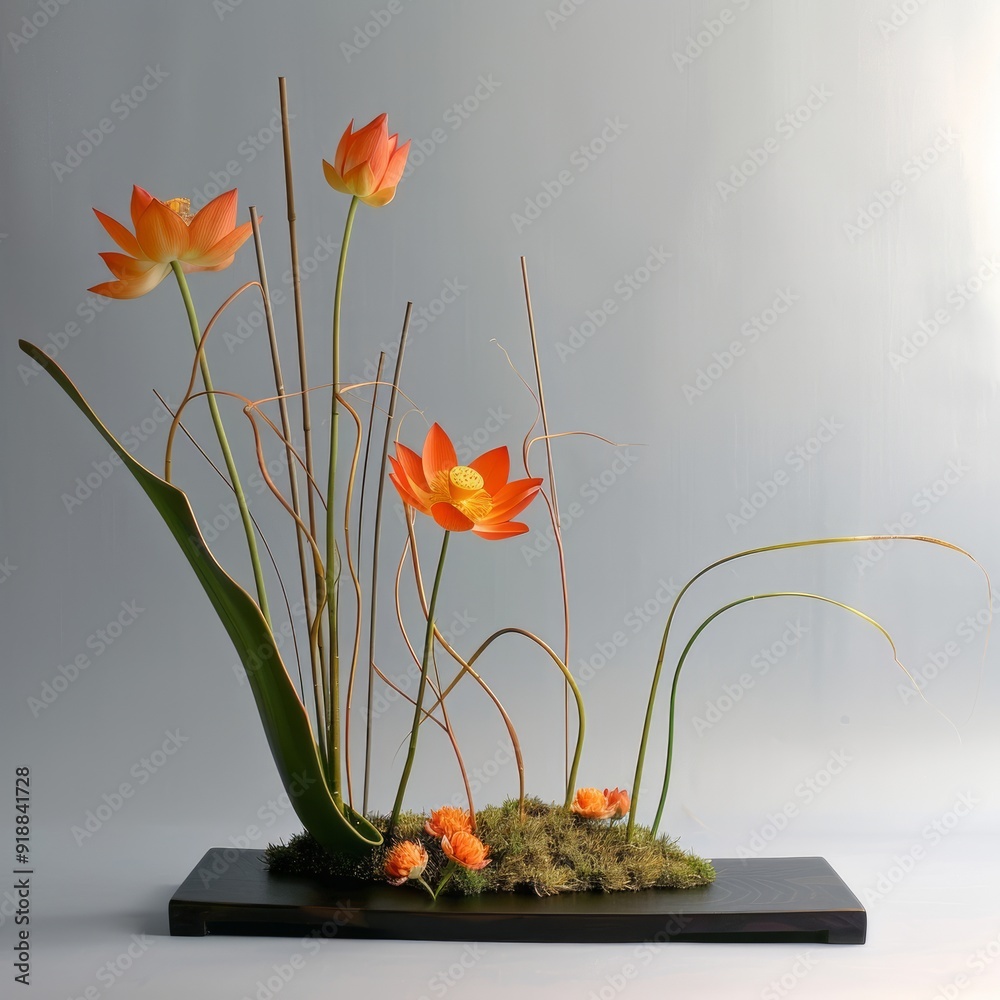 Wall mural Minimalist floral arrangement with orange flowers and green stems in a black tray.