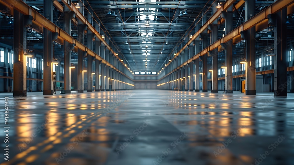 Aufkleber clean and empty industrial hall in detail for supporting poles : generative ai