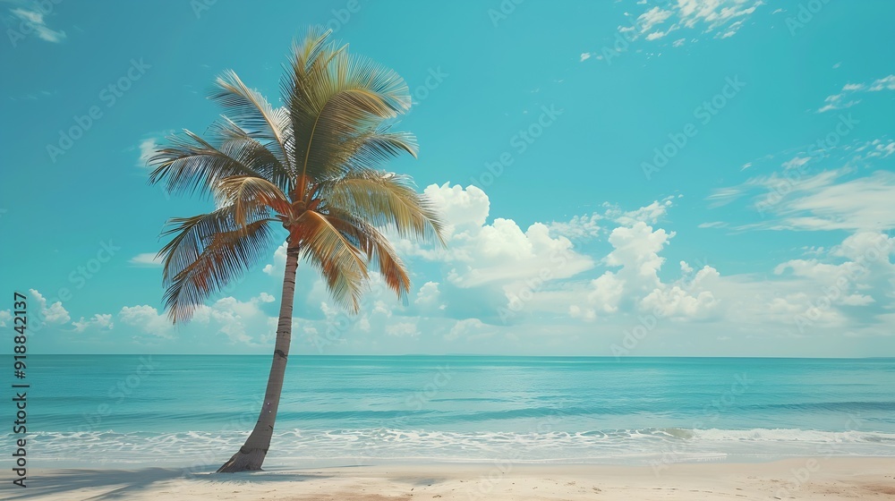 Poster palm tree on tropical beach with blue sky and white clouds abstract background copy space of summer 