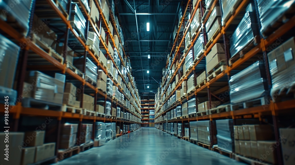 Poster large storage warehouse there is a walkway in the middle between the shelves : generative ai