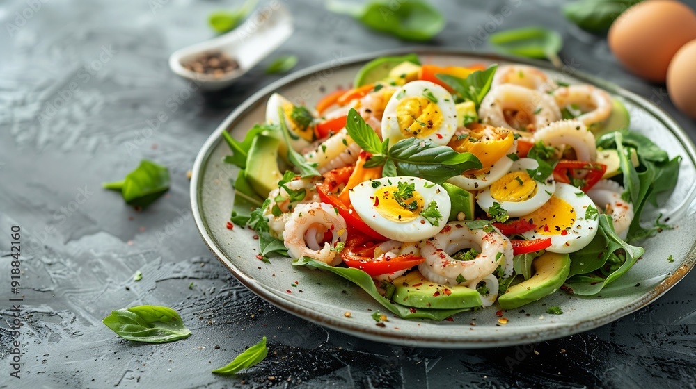 Poster Healthy salad with squid and avocado on white plate with harsh shadows Calamari salad with vegetables and eggs on white background with shadows of leaves Summer food menu : Generative AI