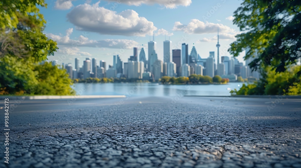 Poster asphalt road platform and lake with city skyline background : generative ai