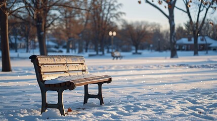 Winter landscape Empty park bench in the park of a small Canadian residential community : Generative AI