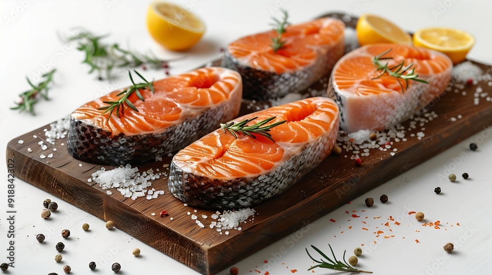 Poster wooden board with raw salmon steaks and different spices on white background : generative ai
