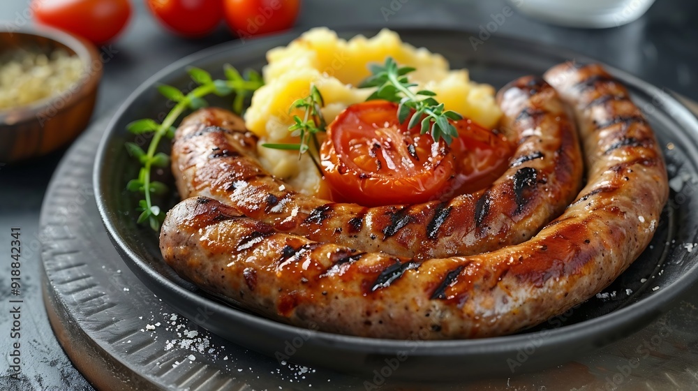 Poster devilled sausages with mashed potato spiced tomato and apple sauce : generative ai