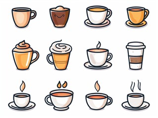 Set of various cup of coffee simple illustration. AI generated
