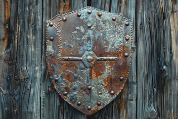 Fototapeta premium A metal shield hung on a wooden wall with intricate carvings and patterns