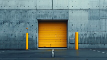 Opening yellow iron shutter door of garage and industrial building warehouse exterior facade with...