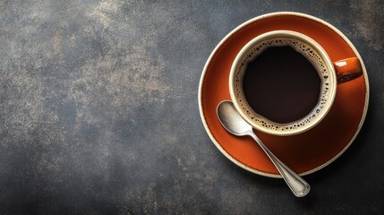 A coffee cup with a saucer and spoon, with free space for text beside