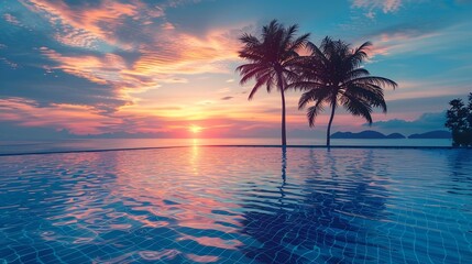 Luxury pool sunset palm tree silhouette with windy infinity pool water surface Summer vacation holiday template Stunning sky beachfront hotel resort at tropical landscape tranquil Amaz : Generative AI