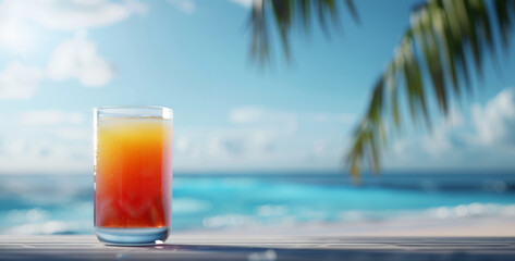 A glass of fruit cocktail sits on a table overlooking the ocean, with a palm tree in the background