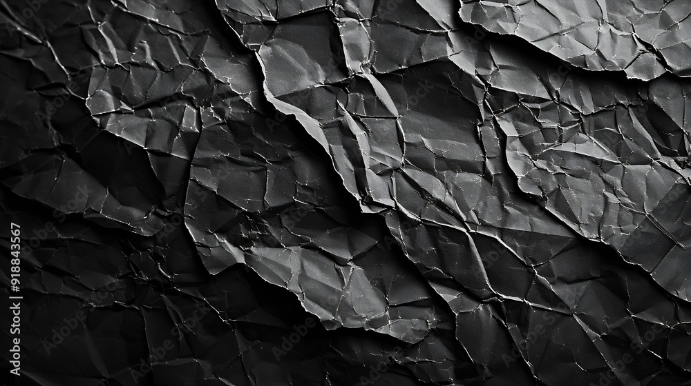 Poster Empty crumpled wet black paper blank texture copy space wall horizontal background : Generative AI