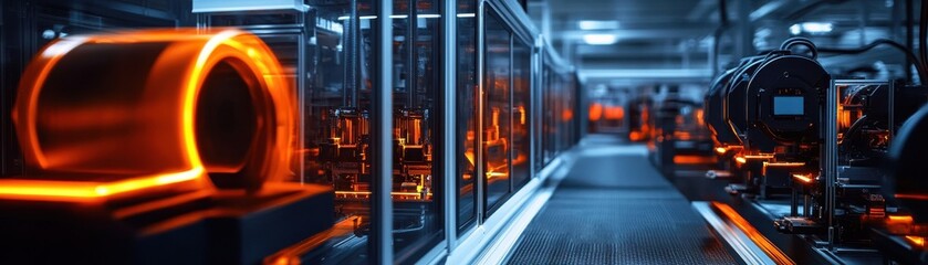 Futuristic factory interior showcasing advanced machinery and glowing elements, highlighting innovation in manufacturing technology.