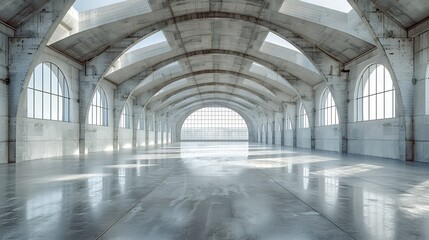 Huge empty industrial warehouse building White interior Hemispherical reinforced concrete load bearing roof with windows Unique architecture : Generative AI