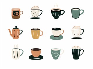 Set of various cup of coffee simple illustration. AI generated