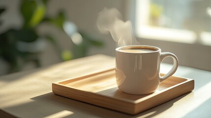 A steaming coffee mug on a wooden tray, with open space for branding