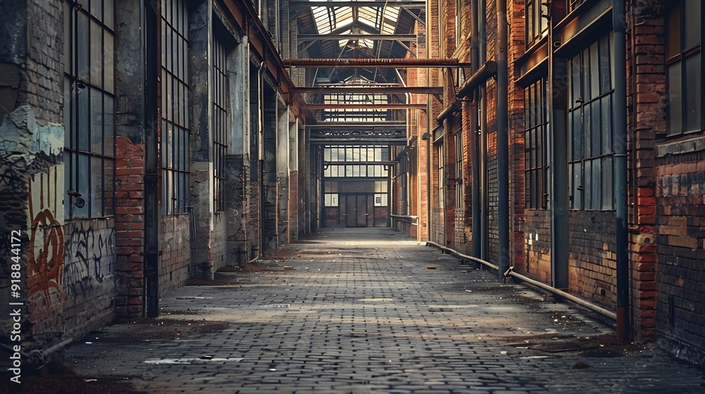 Poster interior industrial corridor in abandoned factory construction and architecture : generative ai