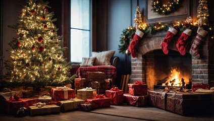 Fototapeta premium Christmas tree and holidays present on fireplace background